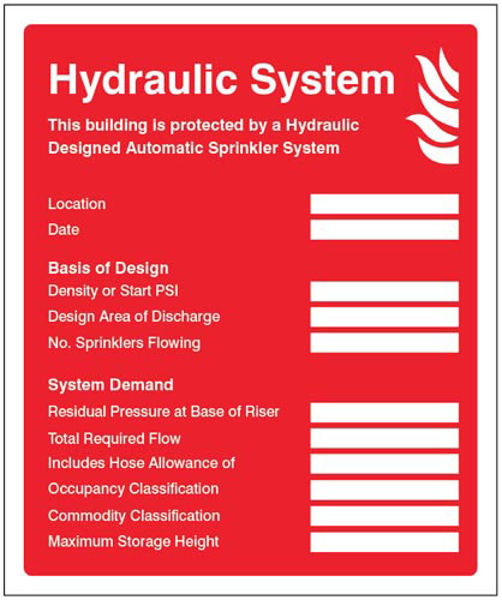 Picture of Hydraulic sprinkler system ID plate sign