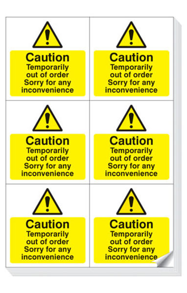 Picture of Caution temporarily out of order easy peel labels sheet of 6