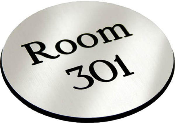 Picture of Engraved Sign with adhesive backing - 95mm dia Black text on aluminium effe