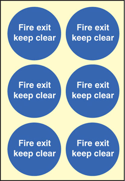 Picture of Fire exit keep clear 65mm dia - sheet of 6 photoluminescent