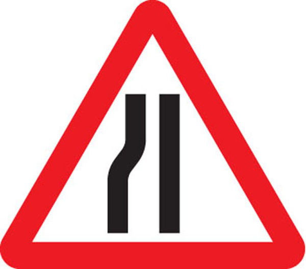 Picture of Road narrows left fold up 750mm triangle sign with text variant