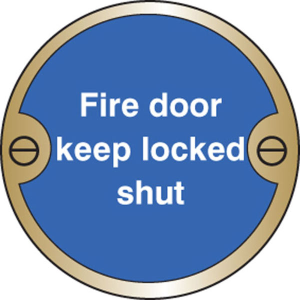 Picture of Fire door keep locked shut 76mm dia brass sign