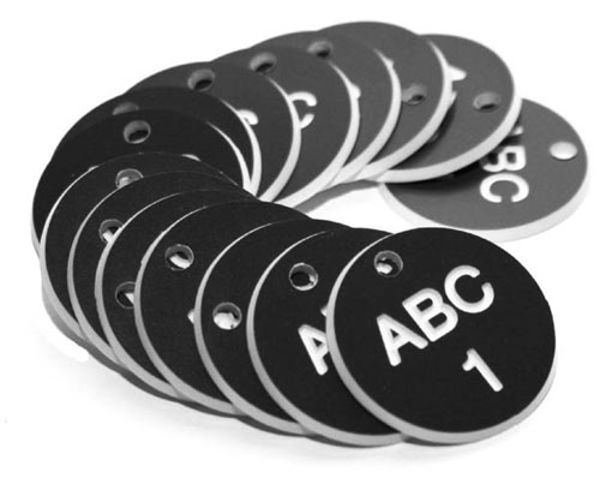 Picture of 38mm Engraved Valve Tags - 50 sequential numbers - (eg. 1-50) White text on
