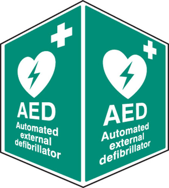 Picture of AED emergency defibrillator - projecting sign