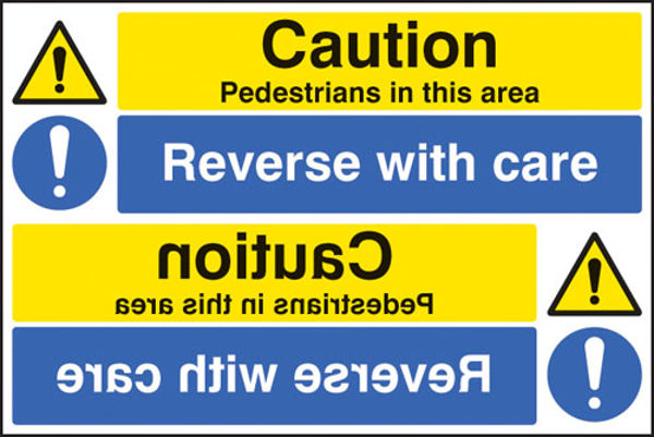 Picture of Caution pedestrians reverse with care reflection sign