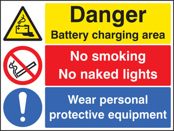 Picture of Battery charging area, wear PPE, no smoking, no naked lights