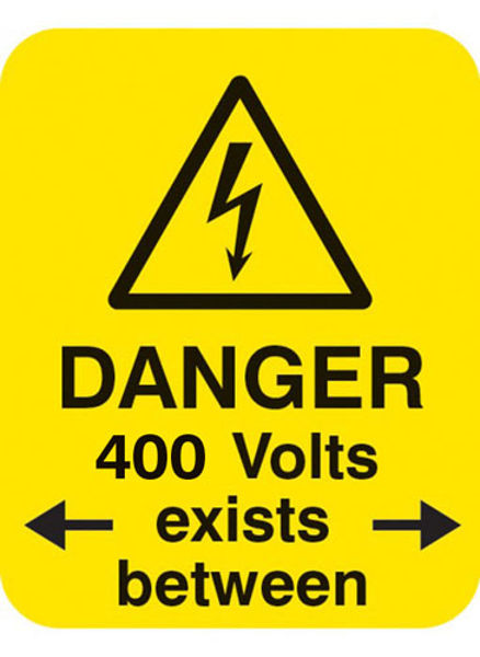 Picture of Danger 415 volts <-exists between-> Sheet of 25 labels 40x50mm