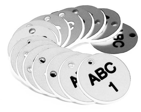 Picture of 38mm Engraved Valve Tags - 50 sequential numbers - (eg. 1-50) Black text on