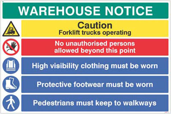 Picture of Warehouse Safety Caution forklift trucks, hivis, boots must be worn …