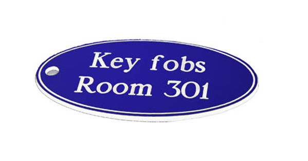 Picture of 50x100mm Key fob oval - White text on blue