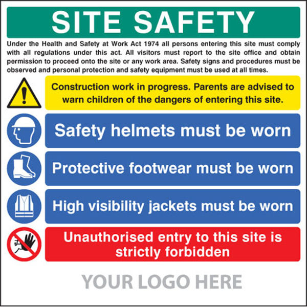 Picture of Site safety board, helmets, footwear, hi vis, unauthorised entry, site save