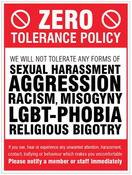Picture of Zero tolerance policy - sexual harassment, aggression, racism, lgbt, religi