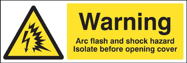 Picture of Warning Arc flash and shock hazard Isolate before opening cover
